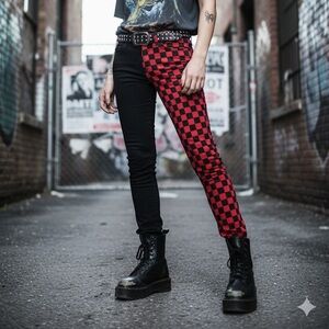 Royal Bones by Daang. Red and Black checkered Pants skinny jeans